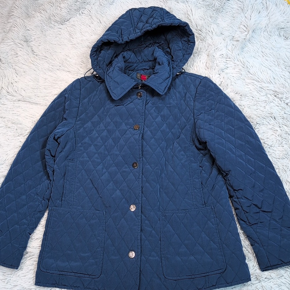 Gallery Jacket Womens M Blue Coat‎ Removable Hood Pockets Snap Up Comfort Casual